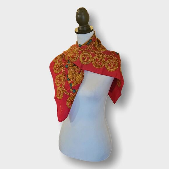Chanel (Authentic) Red & Gold Jewel Motif 100% Silk Large 34" Vintage Scarf EUC - Picture 9 of 9